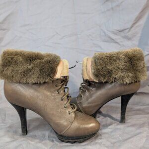 Vinsor Brown Leather Fold Over Fur Heel Boots Lug Sole Women Size 225